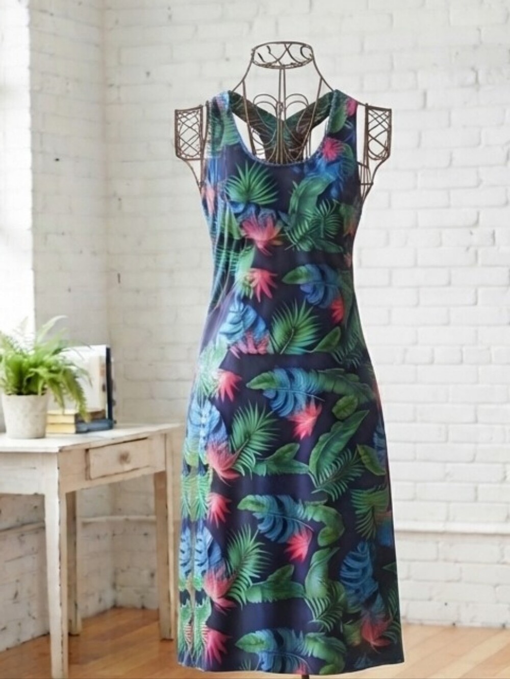Tropical Print Tank Swim Dress in Navy with Green and Pink